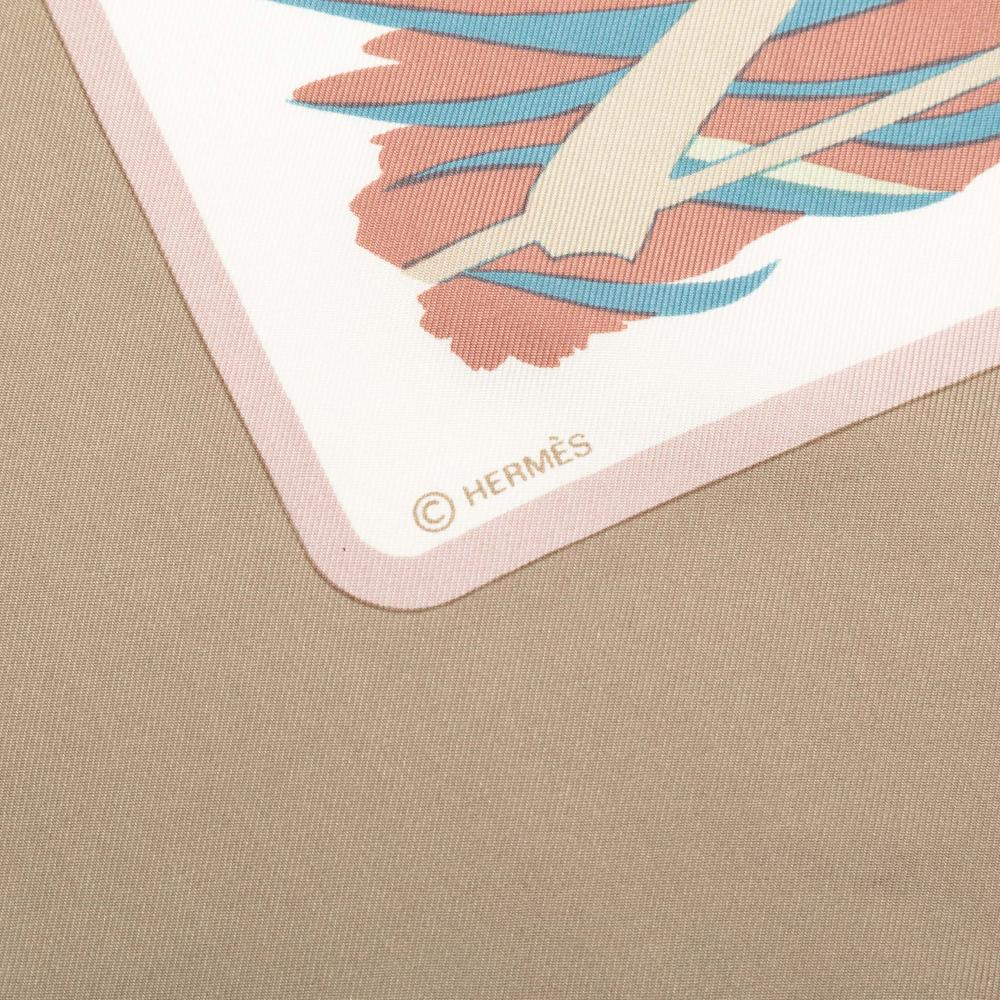 Hermès AB Hermès Pink Salmon with Brown Light Brown Silk Fabric Cols Verts Scarf France