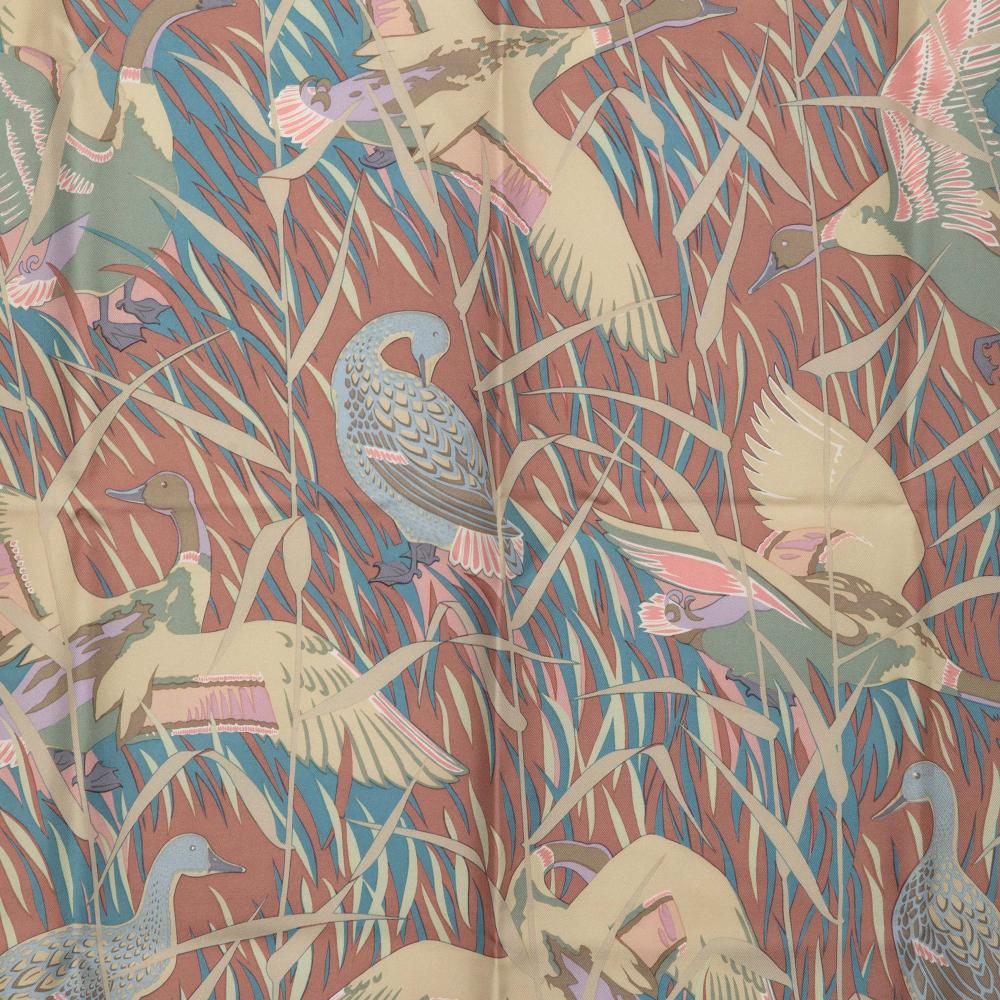 Hermès AB Hermès Pink Salmon with Brown Light Brown Silk Fabric Cols Verts Scarf France