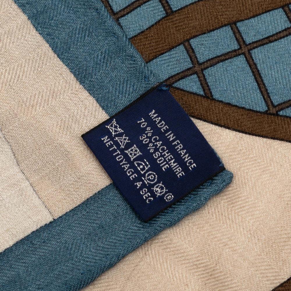 Hermès AB Hermès Brown Light Brown with Blue Wool Fabric Pour Sortir Cashmere Silk Scarf France
