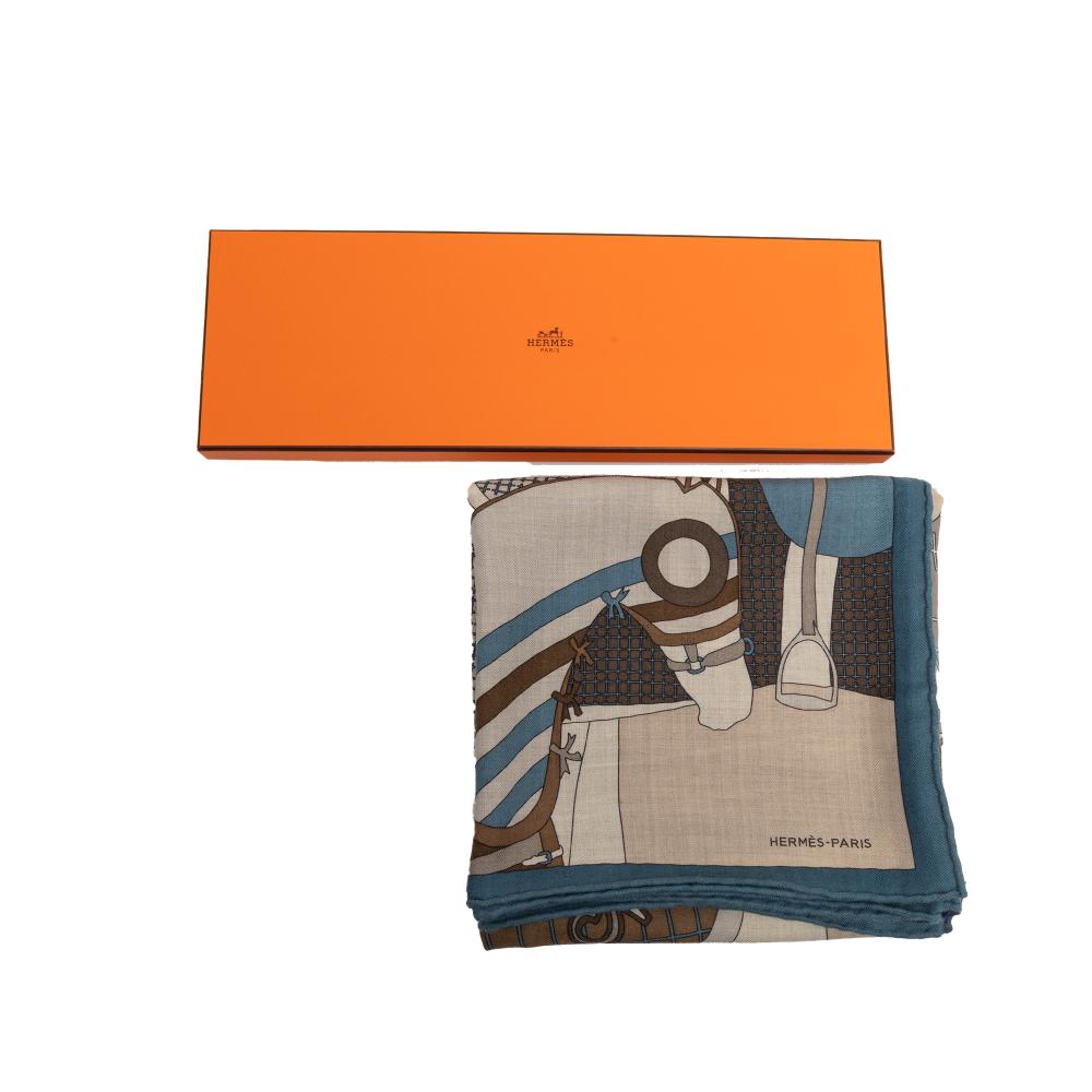 Hermès AB Hermès Brown Light Brown with Blue Wool Fabric Pour Sortir Cashmere Silk Scarf France