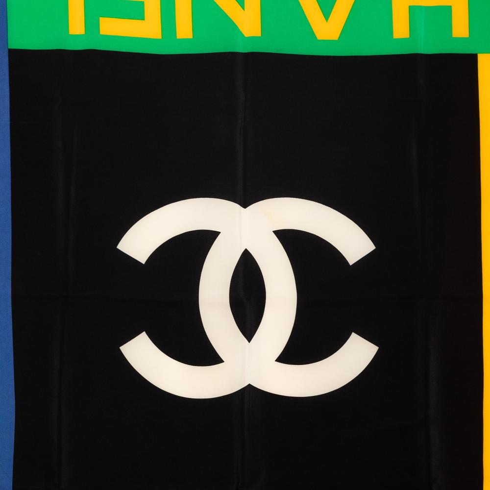 Chanel AB Chanel Black with Multi Silk Fabric Logo Printed Scarf Italy