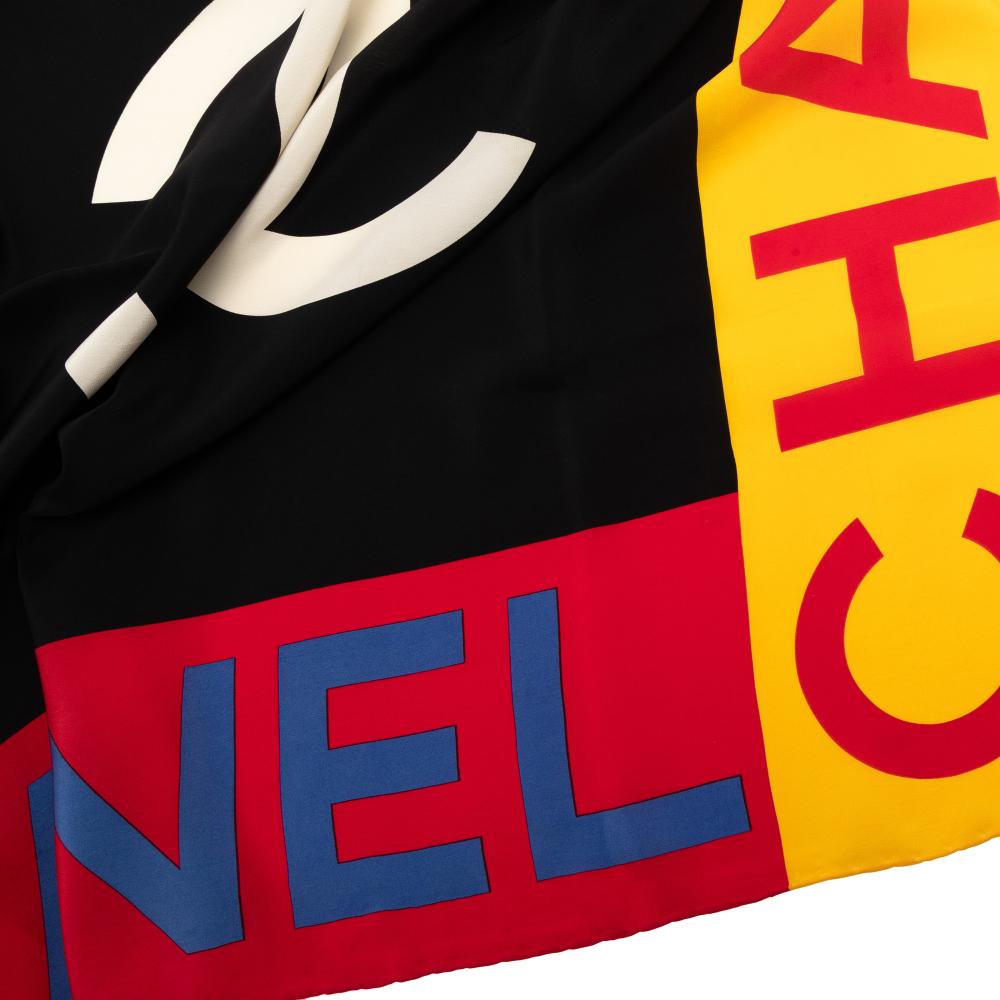 Chanel AB Chanel Black with Multi Silk Fabric Logo Printed Scarf Italy