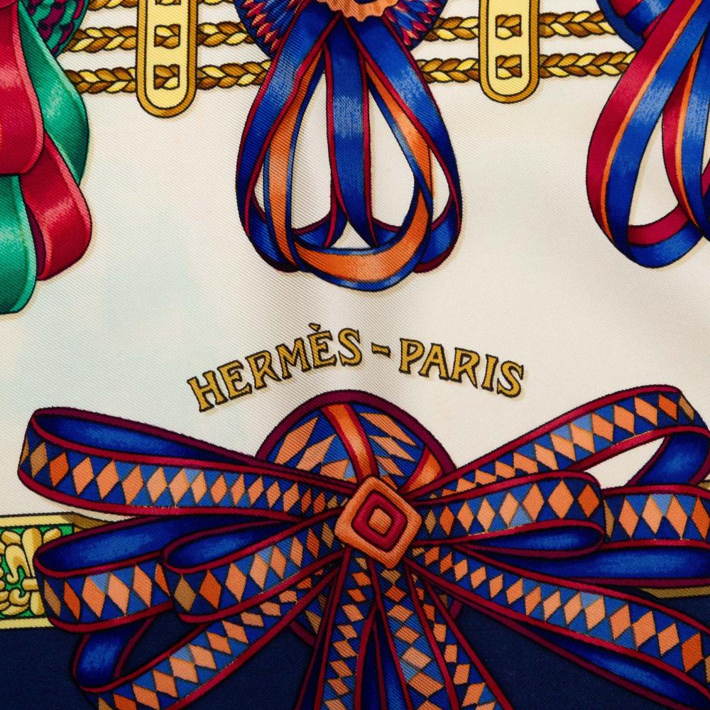 Hermès B Hermès White Silk Fabric Les Rubans du Cheval Scarf 90 France