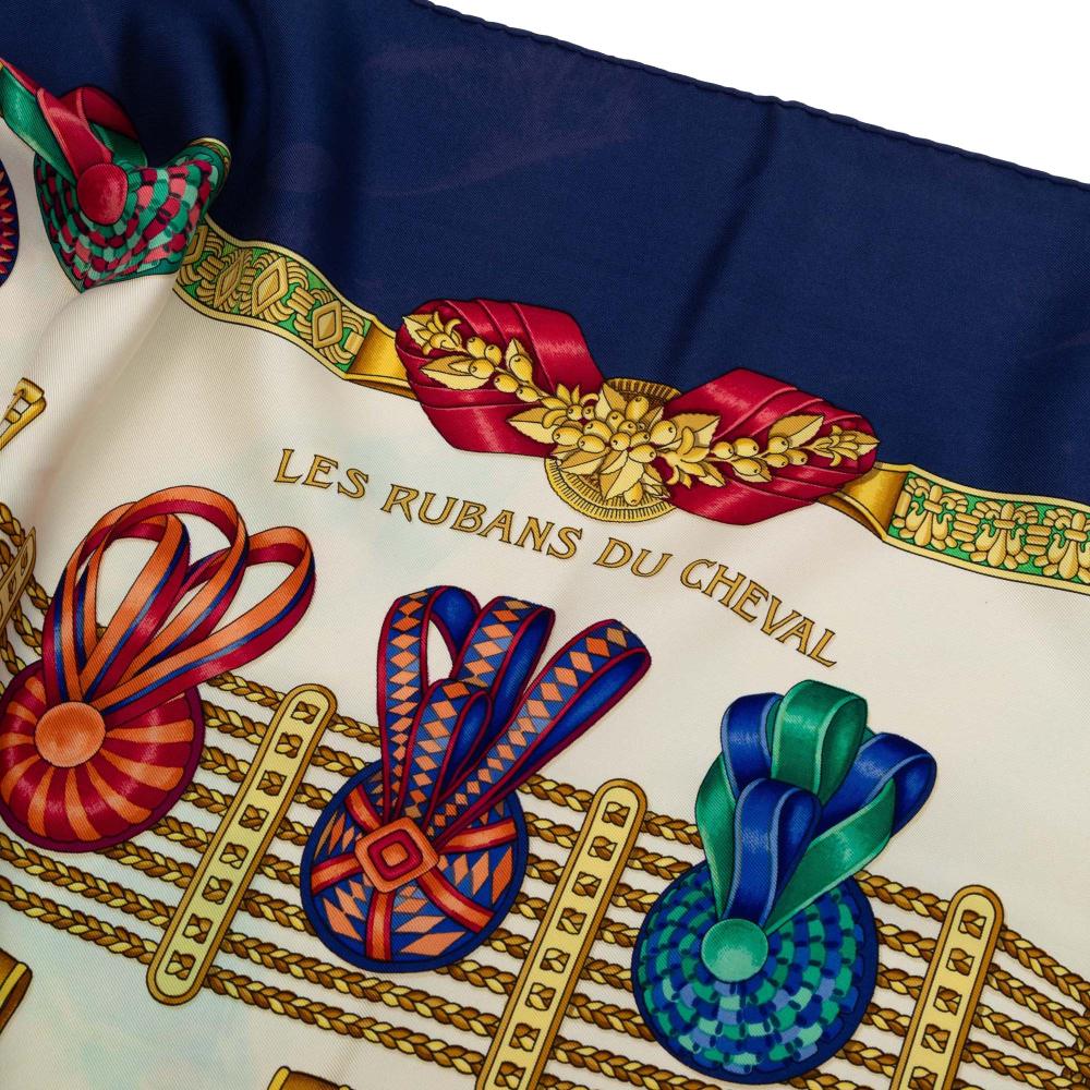 Hermès B Hermès White Silk Fabric Les Rubans du Cheval Scarf 90 France