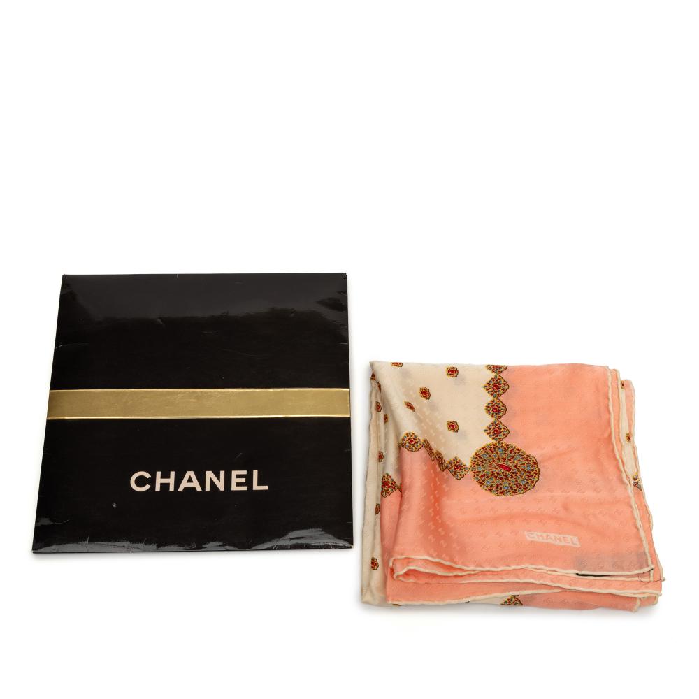 Chanel A Chanel Brown Beige with Multi Silk Fabric Printed Scarf Italy