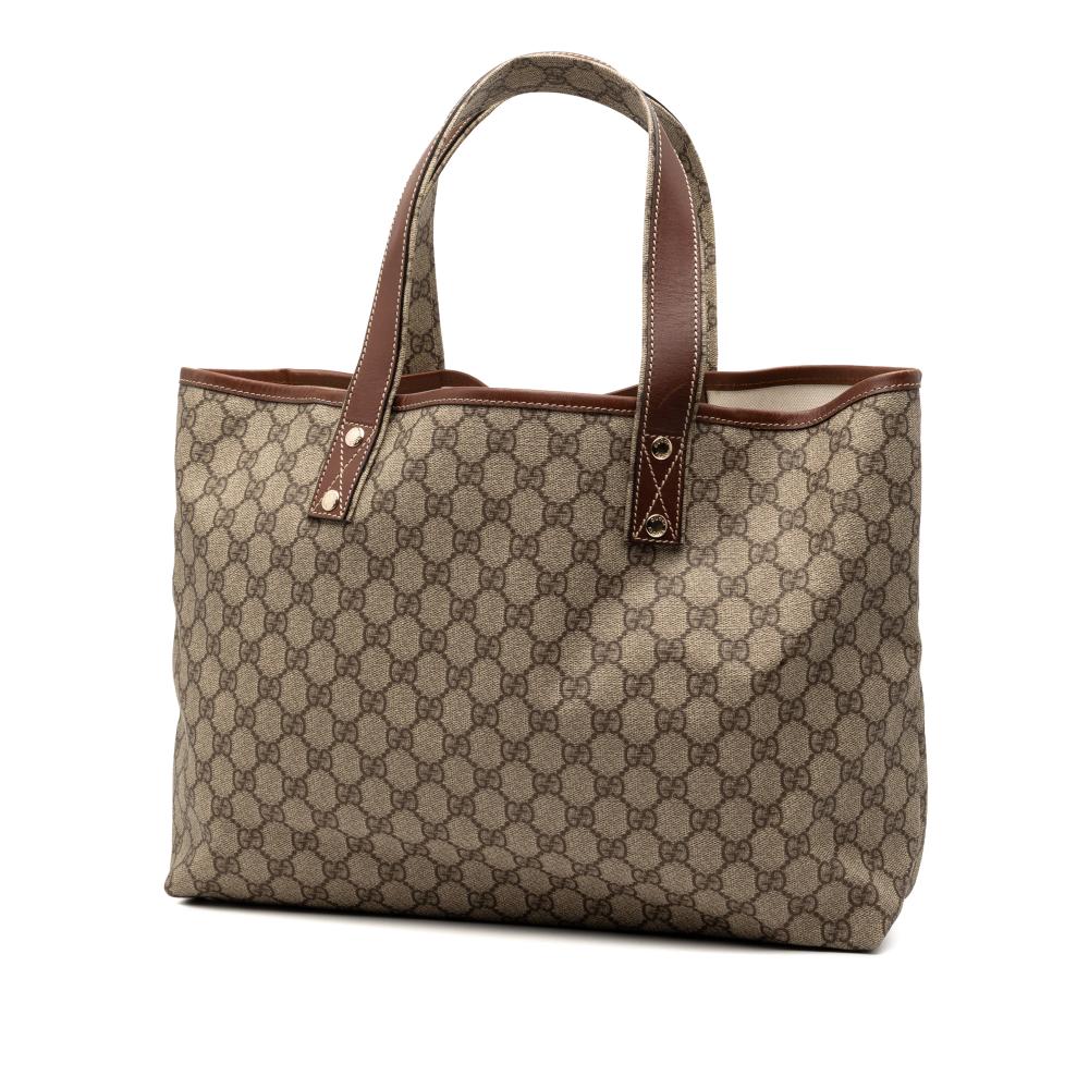 Gucci AB Gucci Brown Beige Coated Canvas Fabric Medium GG Supreme Web Loop Tote Italy