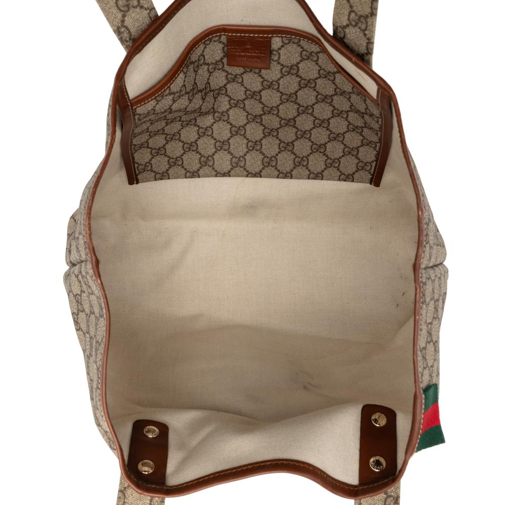 Gucci AB Gucci Brown Beige Coated Canvas Fabric Medium GG Supreme Web Loop Tote Italy