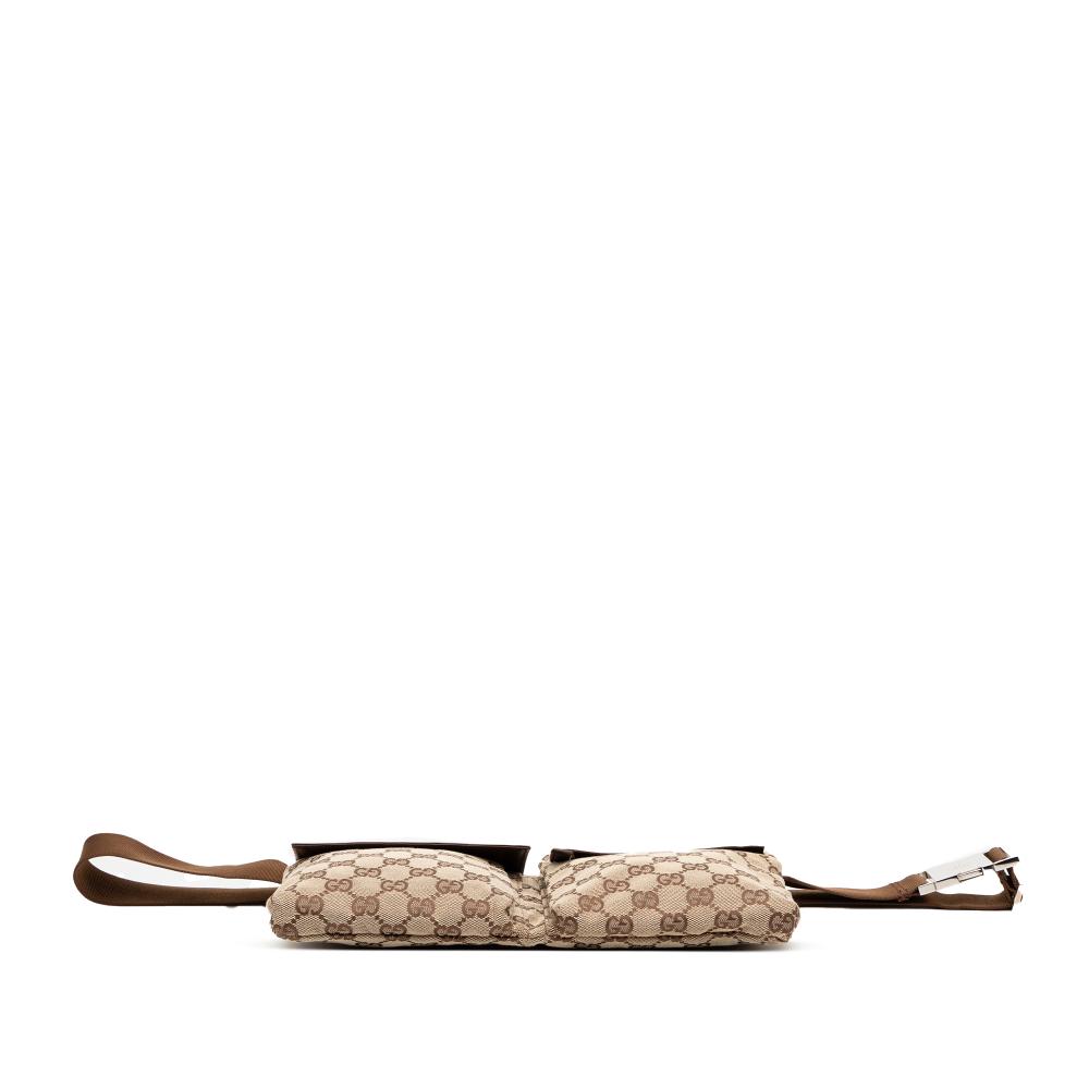 Gucci B Gucci Brown Beige Canvas Fabric GG Double Pocket Belt Bag Italy
