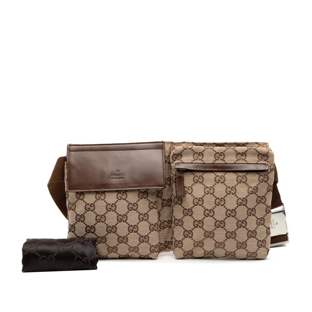 Gucci B Gucci Brown Beige Canvas Fabric GG Double Pocket Belt Bag Italy