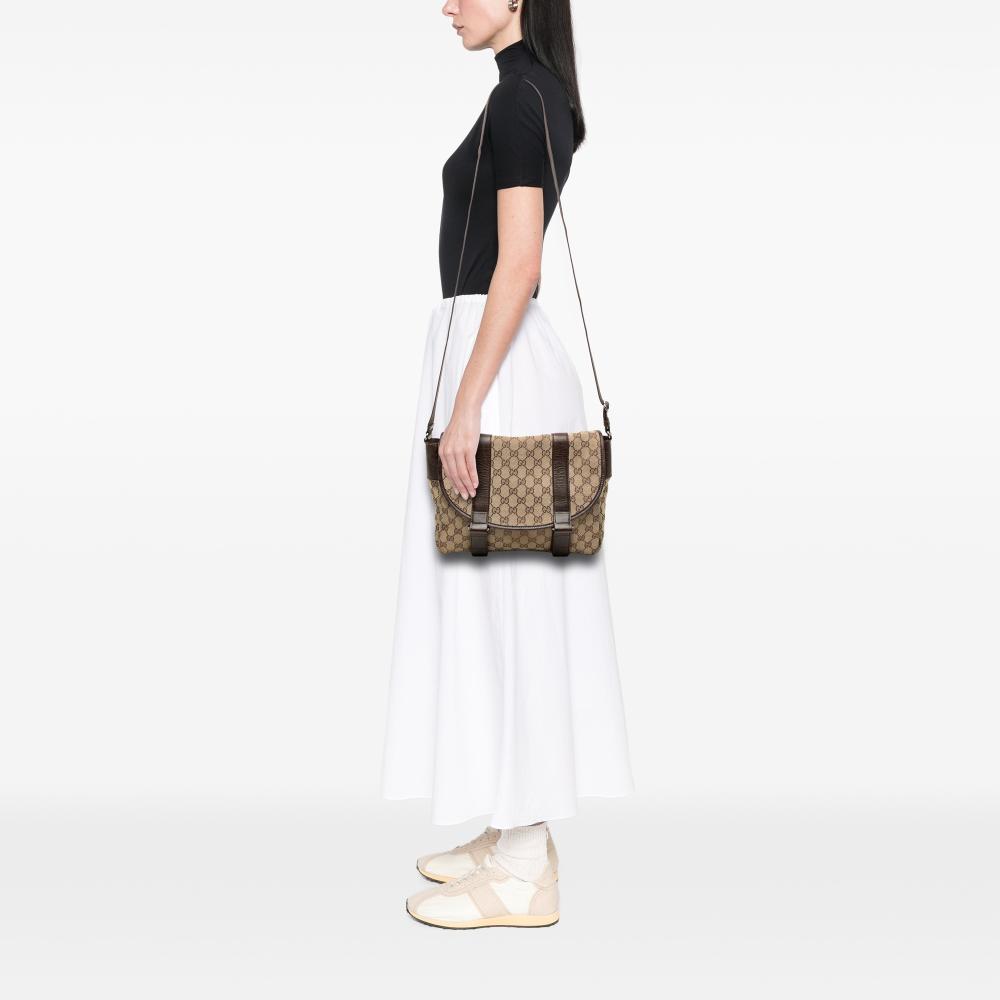 Gucci B Gucci Brown Beige Canvas Fabric GG Messenger Bag Italy