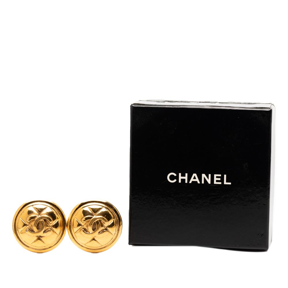 Chanel B Chanel Gold Gold Plated Metal CC Quilted Round Clip On Earrings France