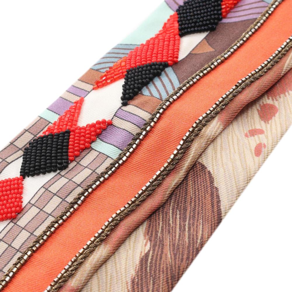 Hermès AB Hermès Brown Light Brown Silk Fabric Beaded Pelages et Camouflage Precieux Twilly Scarf India