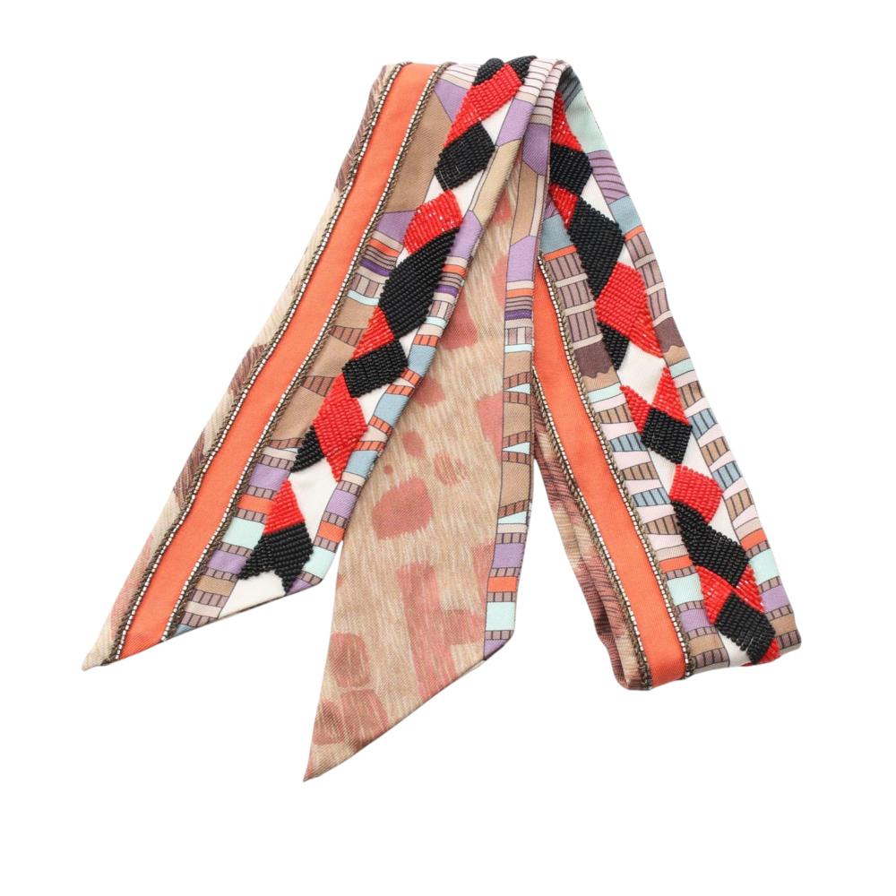 Hermès AB Hermès Brown Light Brown Silk Fabric Beaded Pelages et Camouflage Precieux Twilly Scarf India