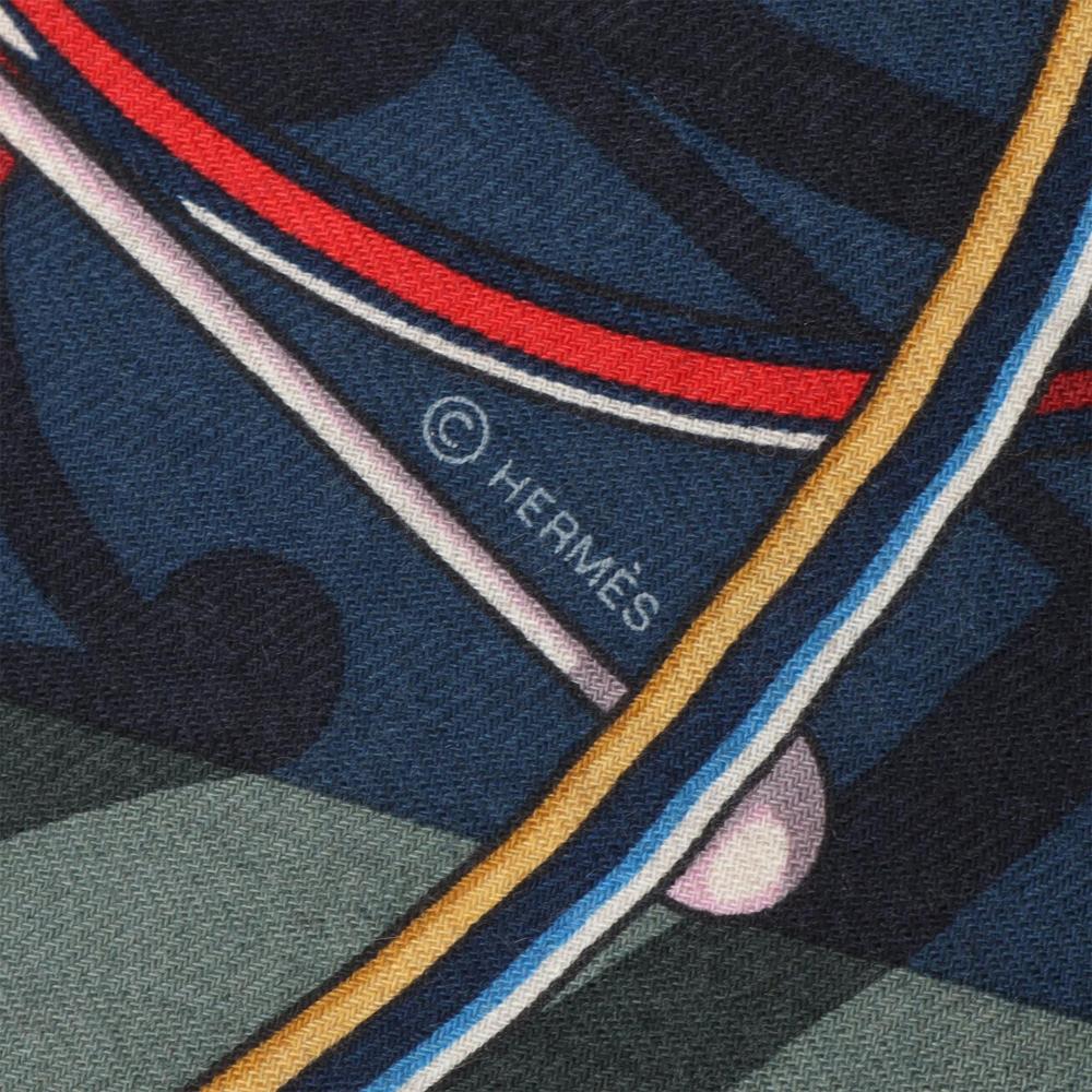Hermès A Hermès Blue Navy with Multi Wool Fabric Voitures En Equilibre Cashmere Silk Shawl 140 France