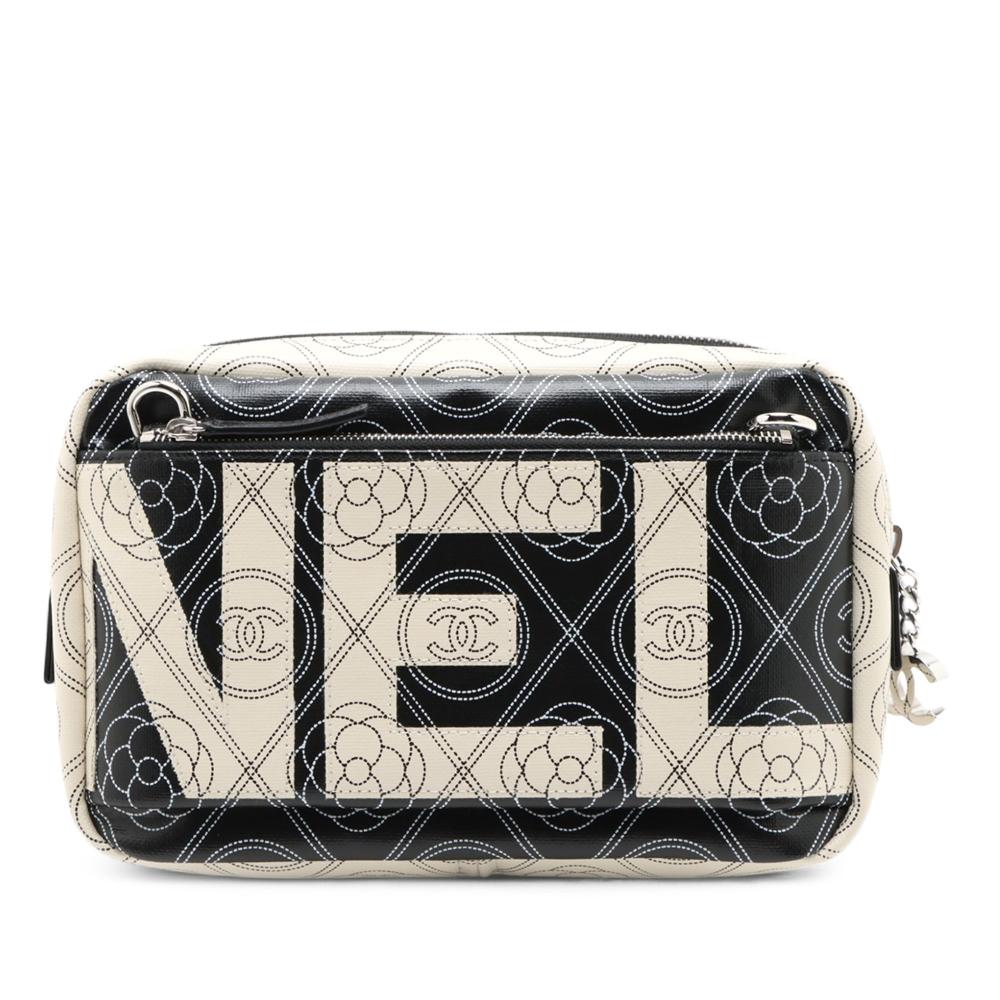 Chanel AB Chanel Black with White Ivory Coated Canvas Fabric Camellia Logo Camera Bag France