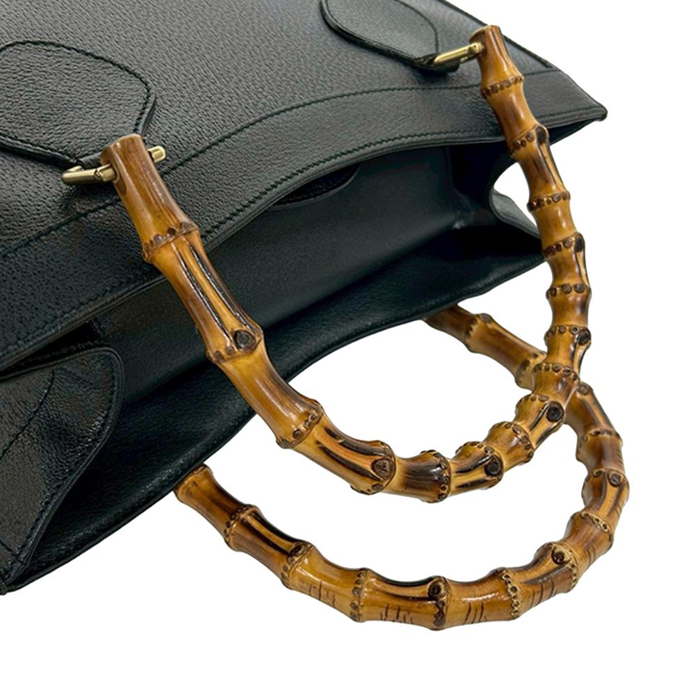 Gucci AB Gucci Black Calf Leather Medium Bamboo Diana Tote Italy