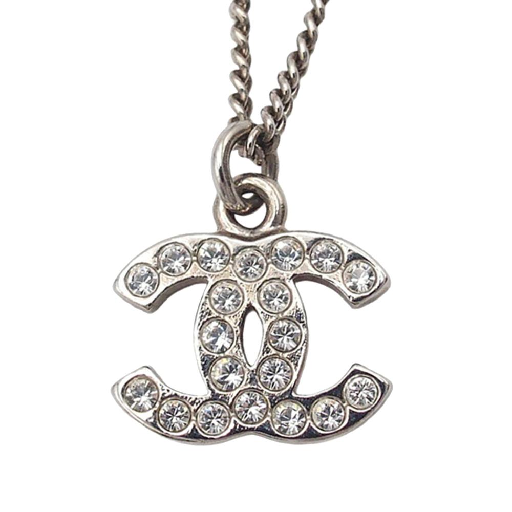 Chanel AB Chanel Silver Silver Plated Metal CC Rhinestone Pendant Necklace France