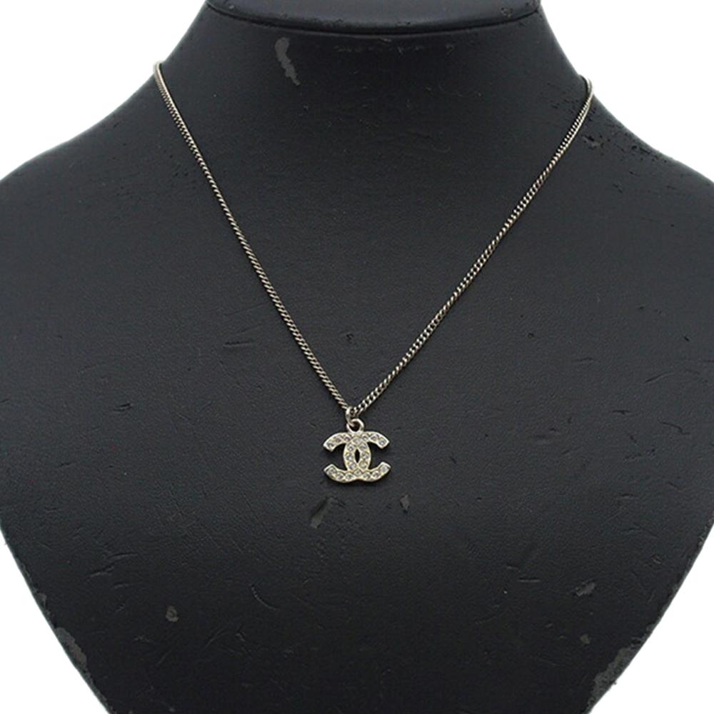 Chanel AB Chanel Silver Silver Plated Metal CC Rhinestone Pendant Necklace France