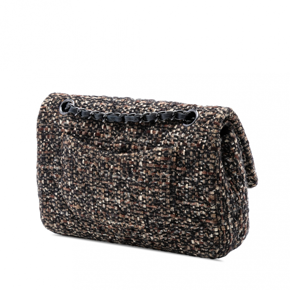 Chanel Classic Double Flap Medium Tweed Shoulder Bag Brown