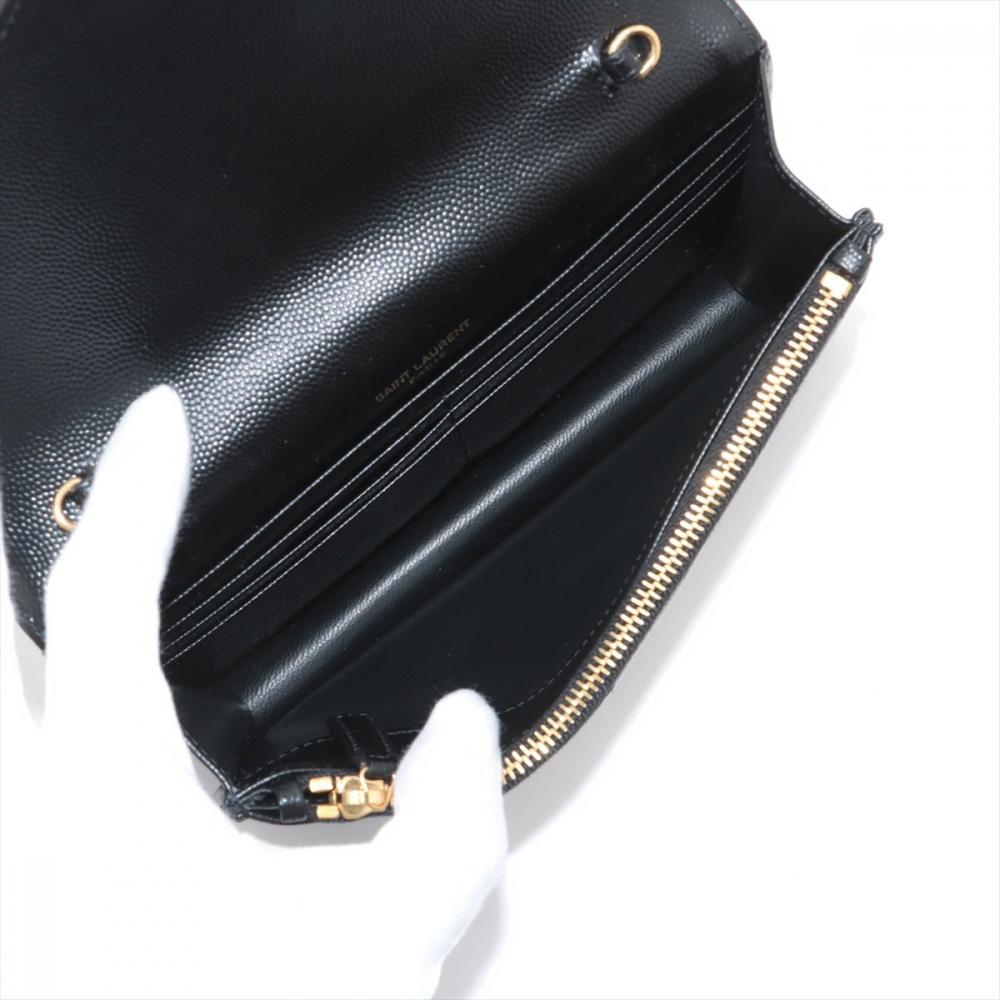Saint Laurent Cassandre Envelope Grained Calfskin Leather Chevron Quilted Wallet on Chain Shoulder Bag Black