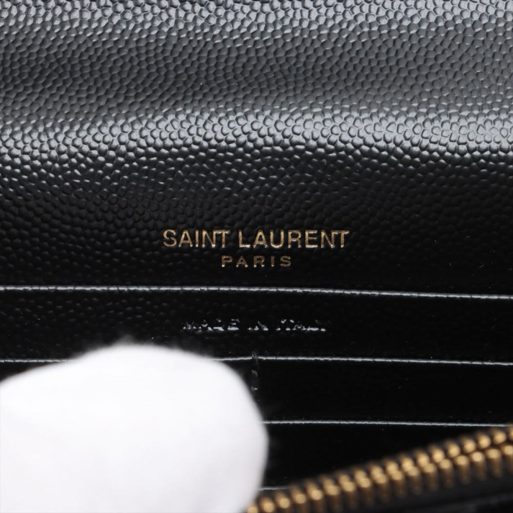 Saint Laurent Cassandre Envelope Grained Calfskin Leather Chevron Quilted Wallet on Chain Shoulder Bag Black