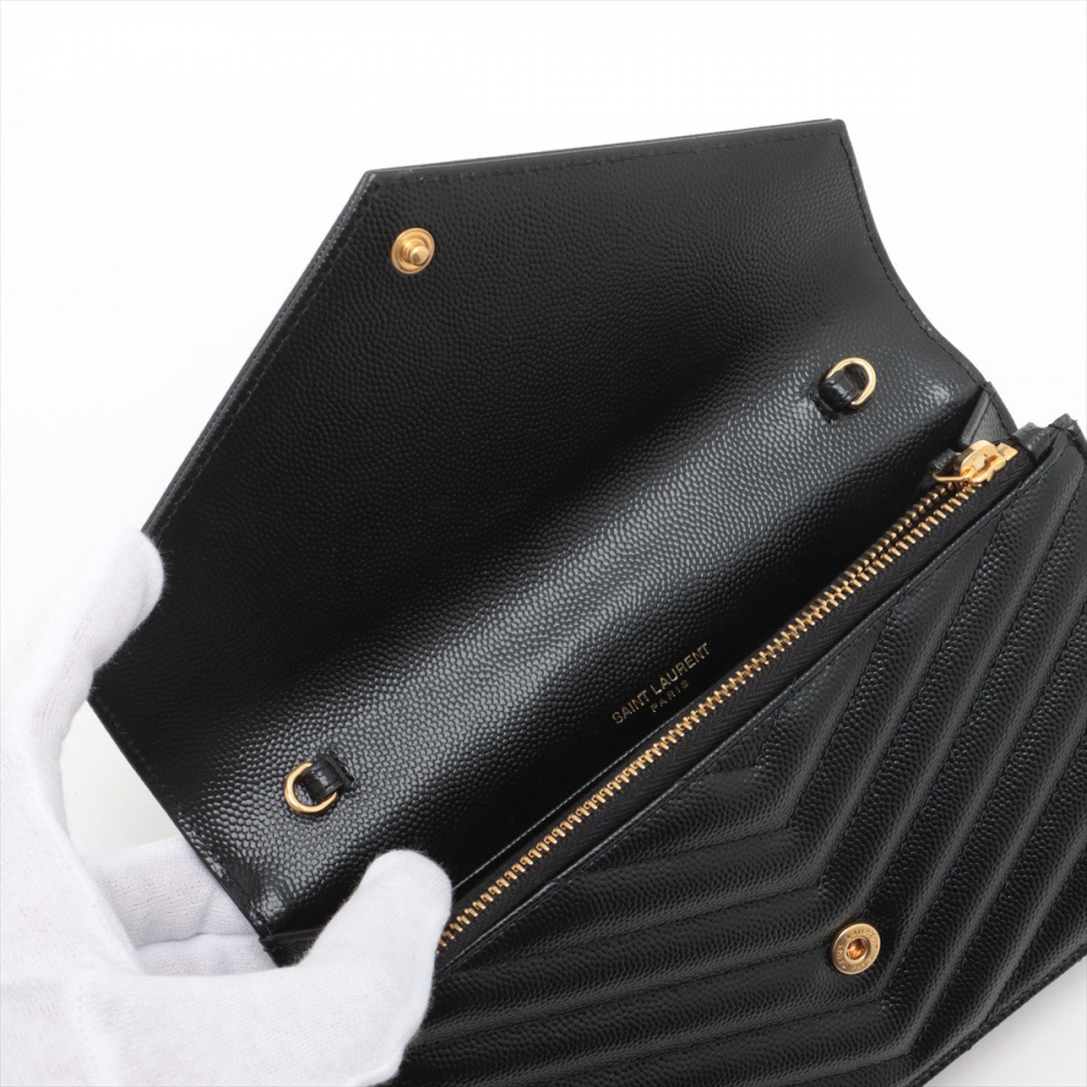 Saint Laurent Cassandre Envelope Grained Calfskin Leather Chevron Quilted Wallet on Chain Shoulder Bag Black