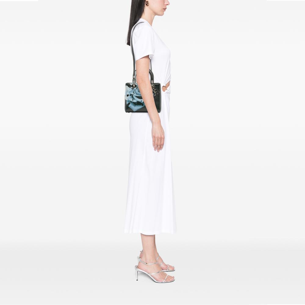 Christian Dior B Dior Green Dark Green with Blue Goatskin Leather Medium Deerskin Floral Print Lady Dior Italy