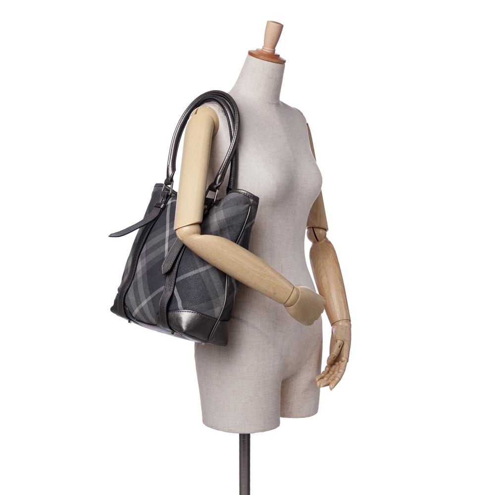 Burberry B Burberry Gray Dark Gray Canvas Fabric Shimmer Check Tote China