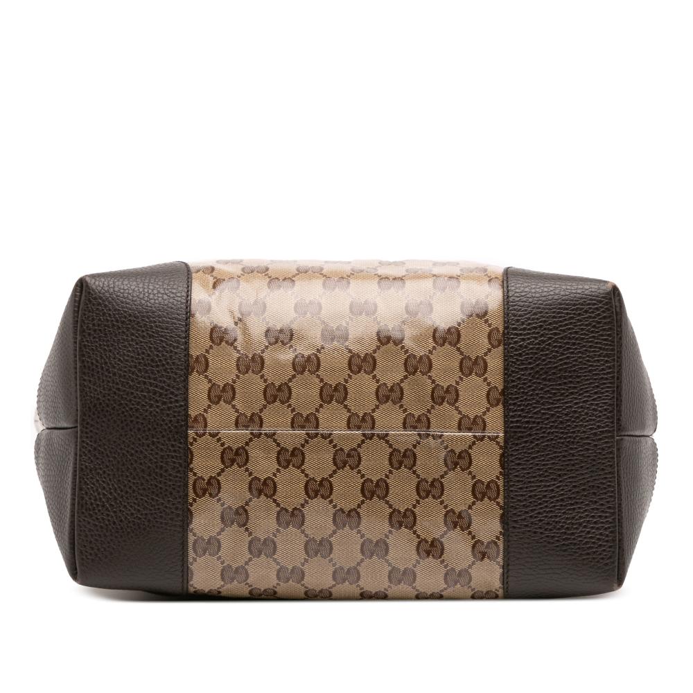 Gucci B Gucci Brown Beige Coated Canvas Fabric GG Charm GG Crystal Tote Italy