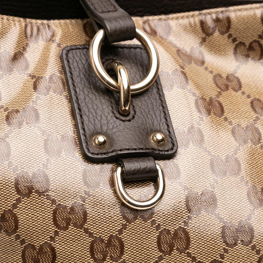 Gucci B Gucci Brown Beige Coated Canvas Fabric GG Charm GG Crystal Tote Italy
