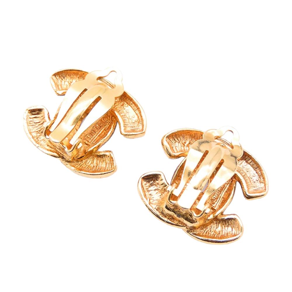 Chanel B Chanel Gold Gold Plated Metal CC Quilted Clip on Earrings France