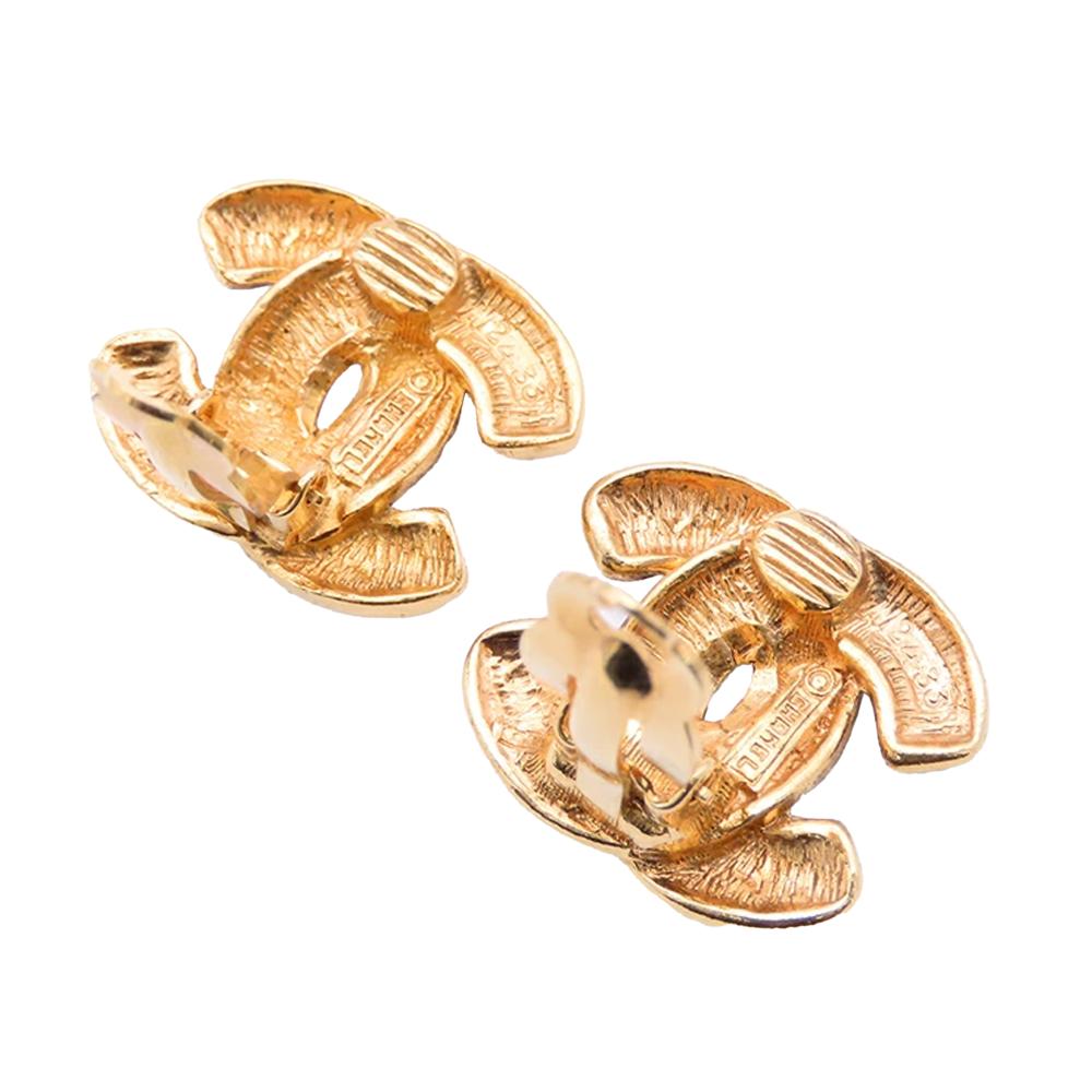 Chanel B Chanel Gold Gold Plated Metal CC Quilted Clip on Earrings France