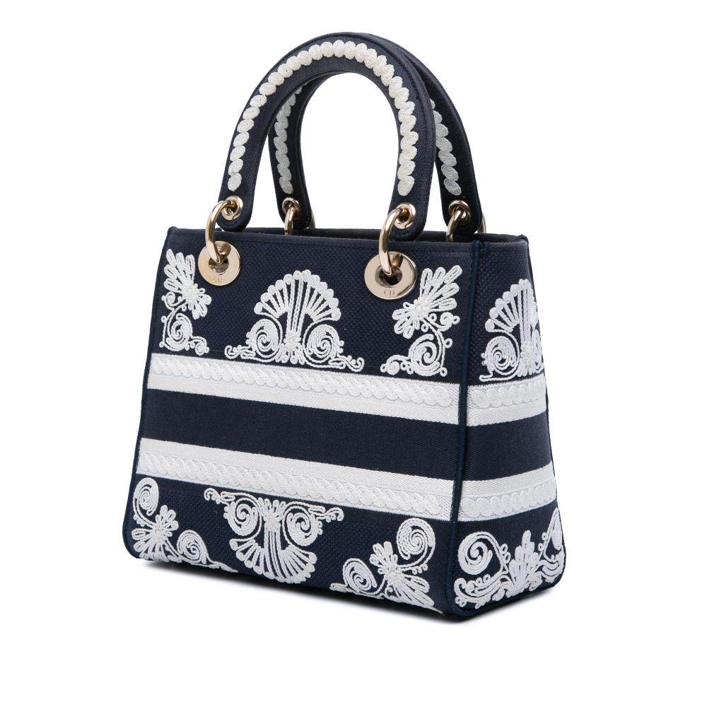 Christian Dior AB Dior Blue Navy Canvas Fabric Medium Embroidered Cornely Lady D Lite Italy