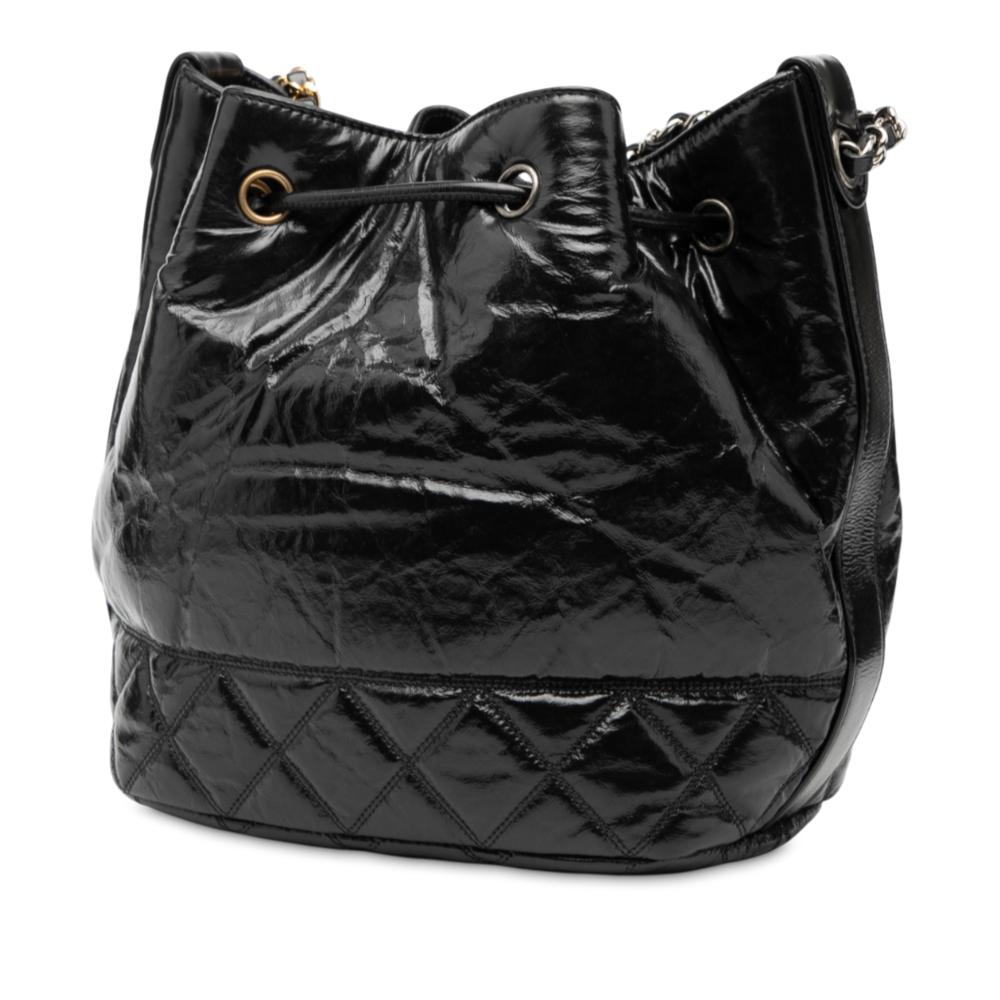 Chanel B Chanel Black Calf Leather Shiny Aged skin CC Chain Drawstring Bucket Bag Italy