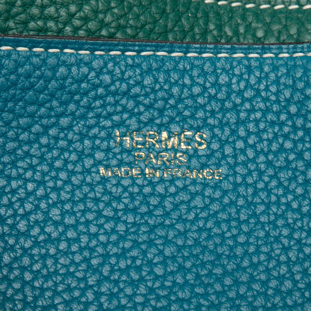 Hermès AB Hermès Blue Peacock with Green Calf Leather Clemence Double Sens 45 France
