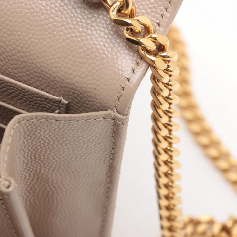 Saint Laurent Cassandre Classic Grained Calfskin Leather Chevron Quilted Wallet on Chain Shoulder Bag Beige