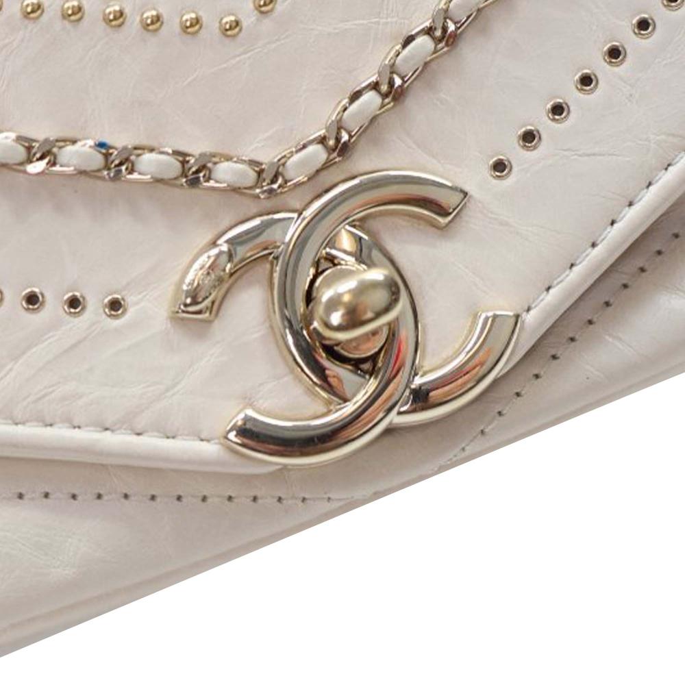 Chanel AB Chanel White Ivory Calf Leather Mini Chevron Crinkled skin Embellished Envelope Flap Italy
