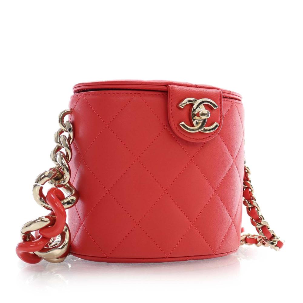 Chanel Red Small Quilted Lambskin Resin Elegant Chain Tubular Vanity Case France