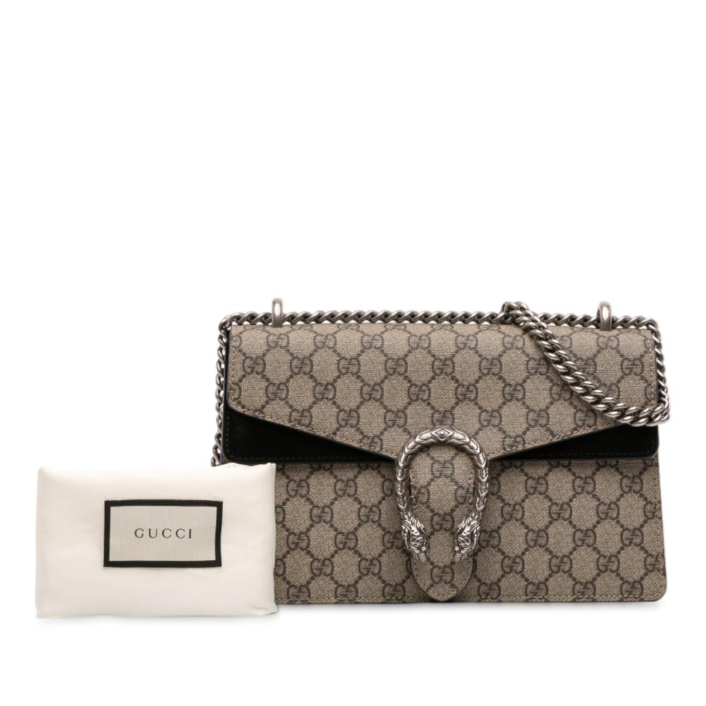 Gucci AB Gucci Brown Beige with Black Coated Canvas Fabric Small GG Supreme Dionysus Shoulder Bag Italy
