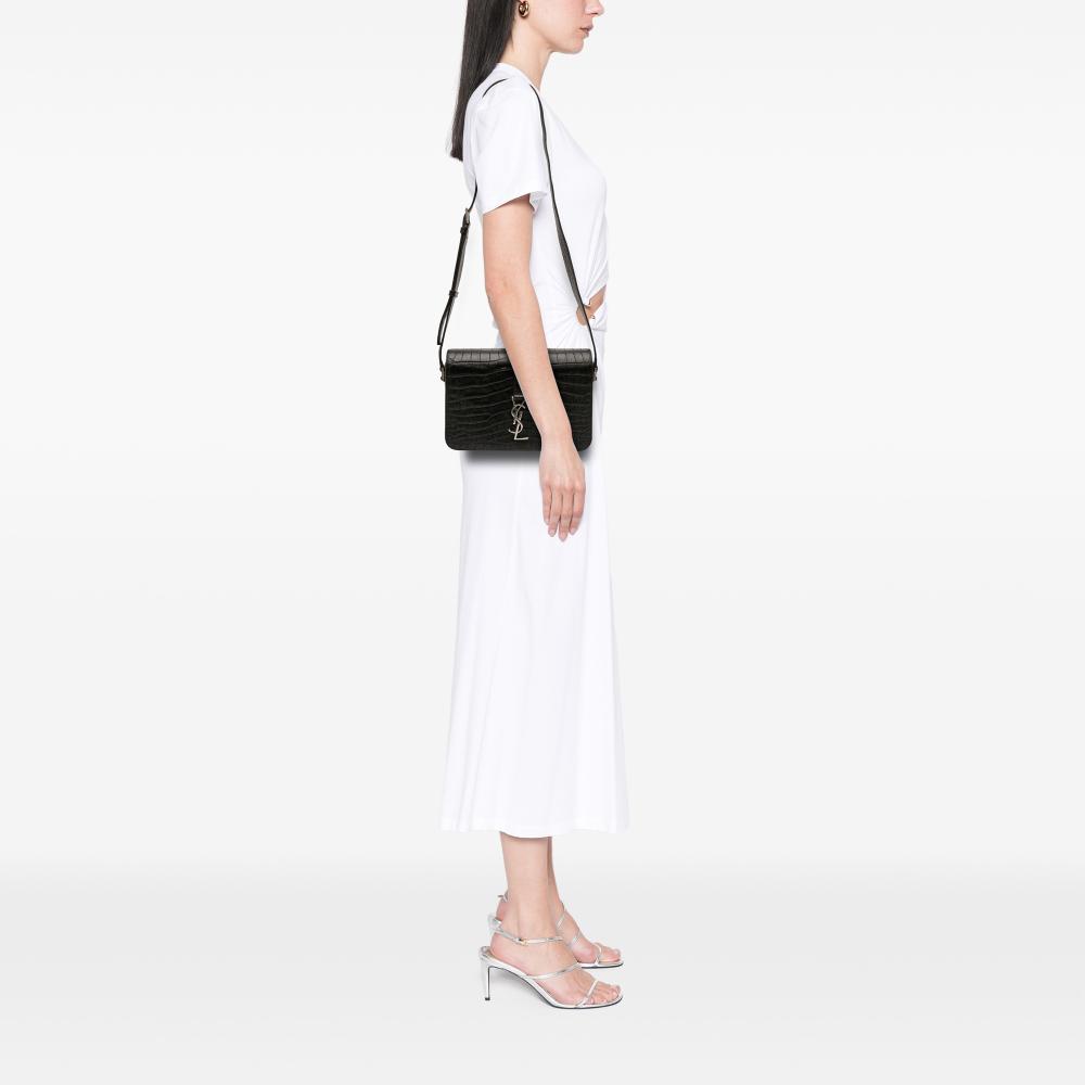 Saint Laurent B Saint Laurent Black Calf Leather Medium Croc Embossed Monogram Universite Crossbody Italy