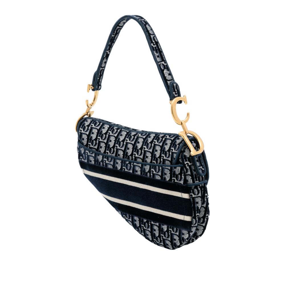 Christian Dior AB Dior Blue Navy Velvet Fabric Oblique Embroidered Saddle Bag Italy