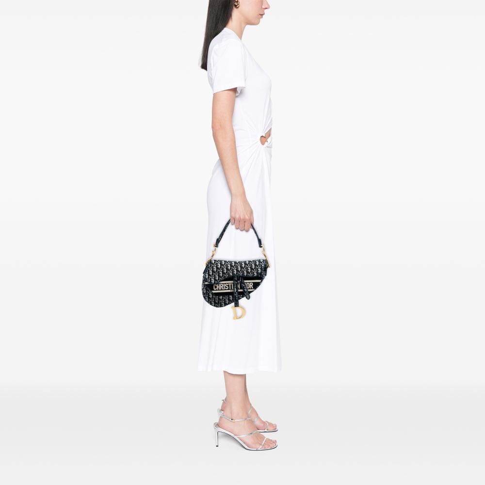 Christian Dior AB Dior Blue Navy Velvet Fabric Oblique Embroidered Saddle Bag Italy