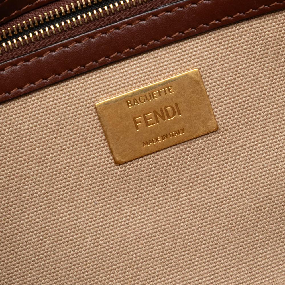 Fendi B Fendi Brown Beige Canvas Fabric Zucca Embroidered Baguette Satchel Italy