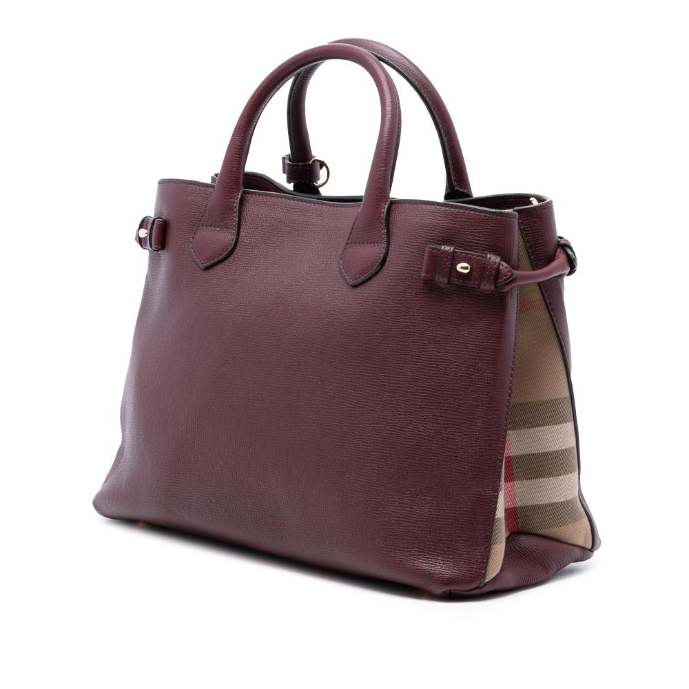 Burberry B Burberry Red Burgundy Calf Leather Medium and House Check Banner Satchel Italy