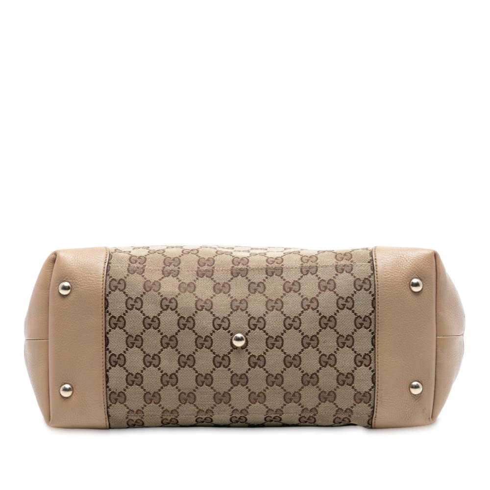 Gucci B Gucci Brown Beige Canvas Fabric Medium GG Web Dressage Tote Italy