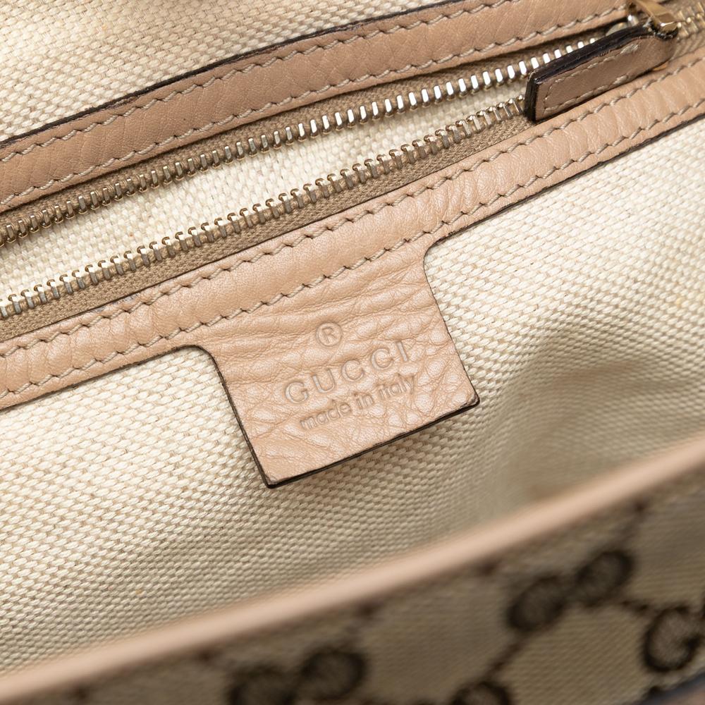 Gucci B Gucci Brown Beige Canvas Fabric Medium GG Web Dressage Tote Italy