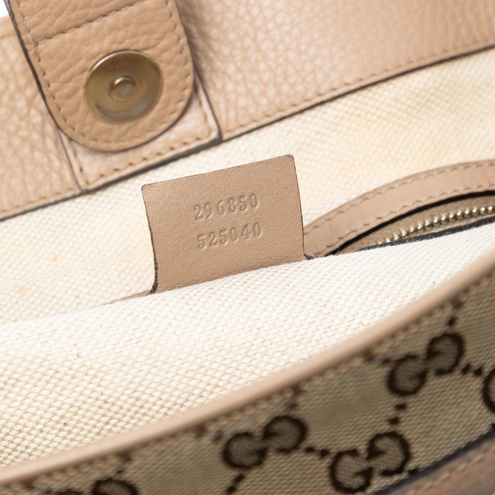 Gucci B Gucci Brown Beige Canvas Fabric Medium GG Web Dressage Tote Italy