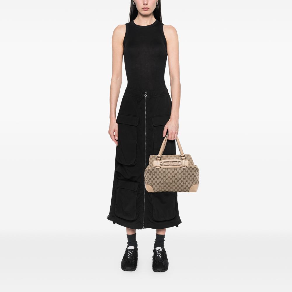 Gucci B Gucci Brown Beige Canvas Fabric Medium GG Web Dressage Tote Italy