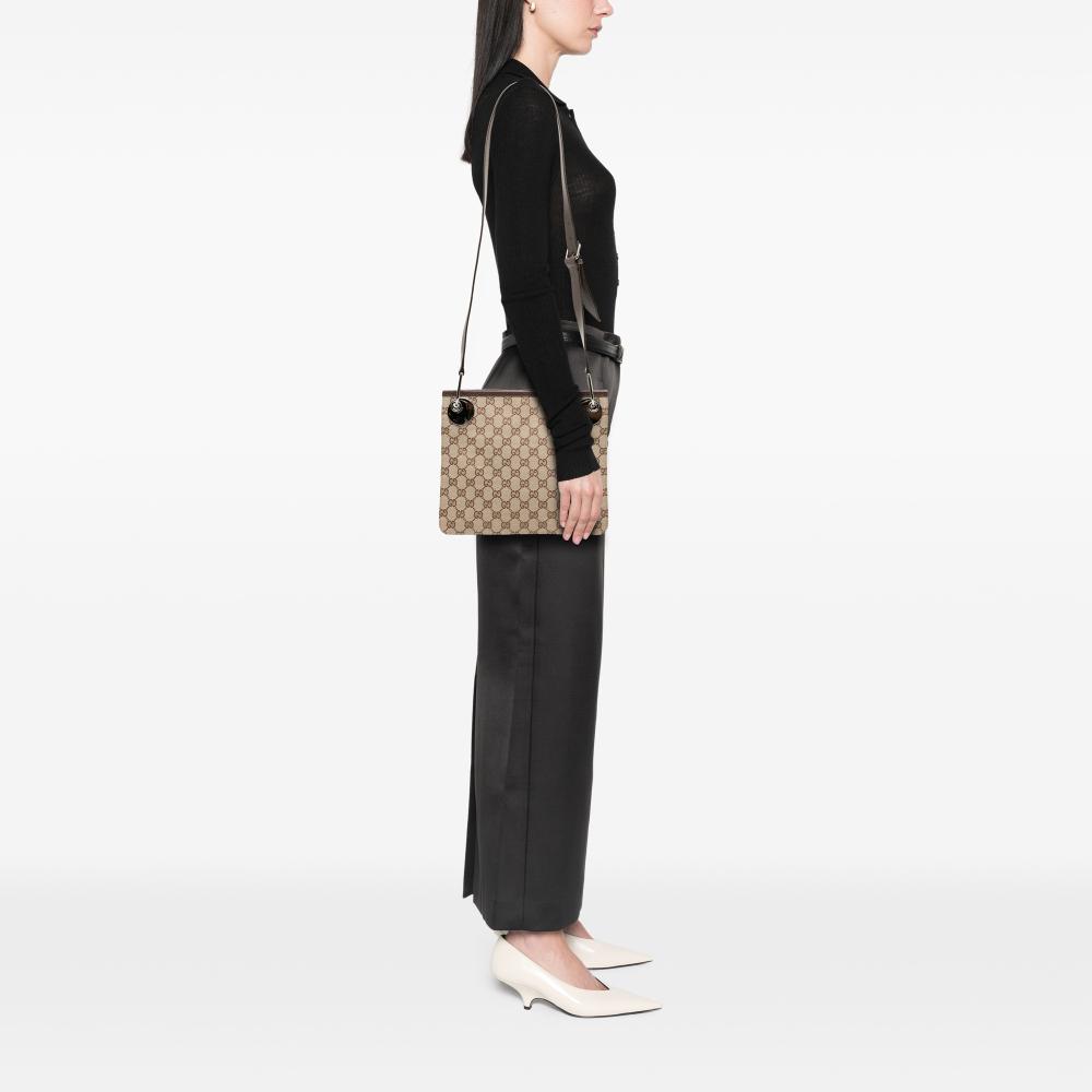 Gucci B Gucci Brown Beige Canvas Fabric GG Eclipse Crossbody Italy