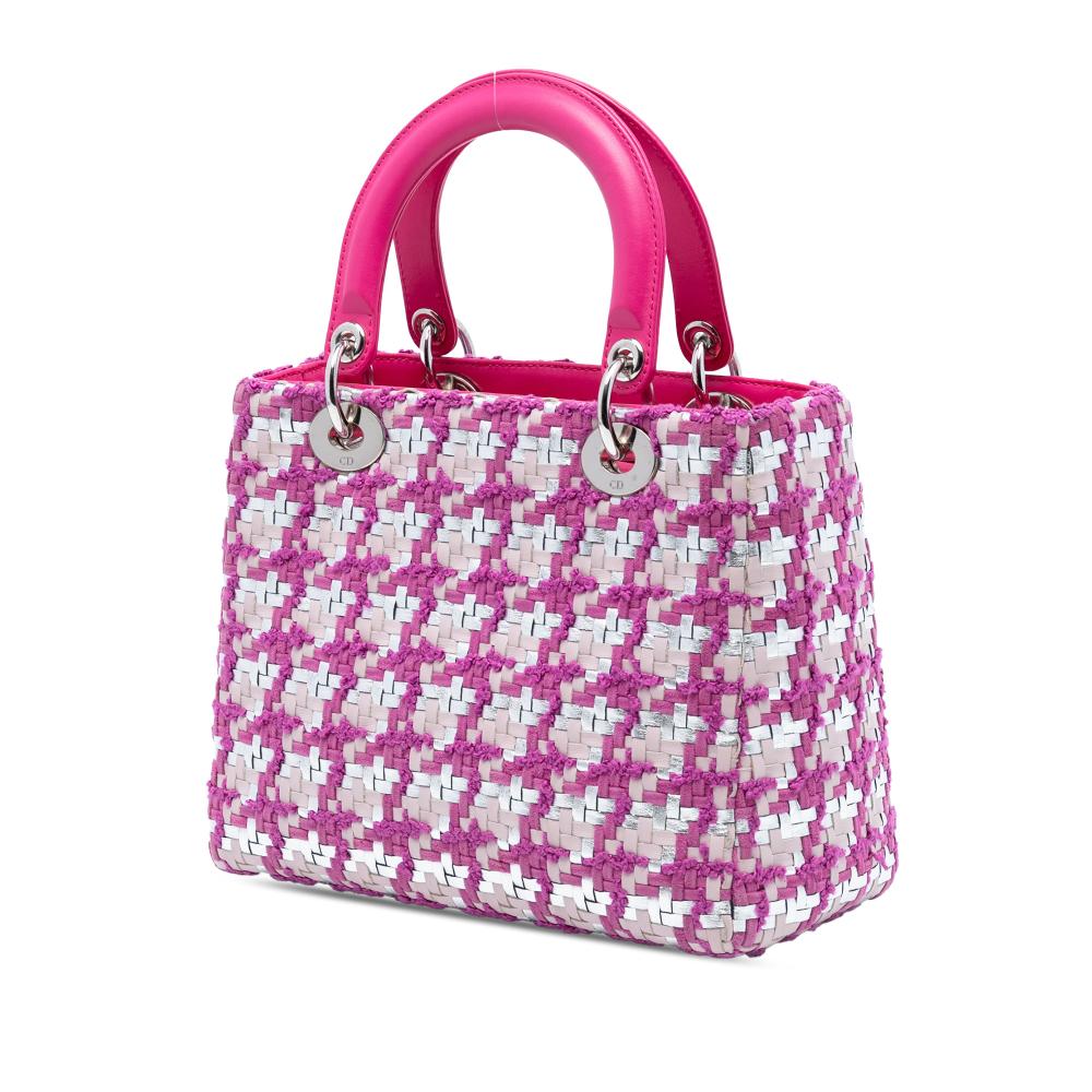 Christian Dior B Dior Pink Dark Pink with Silver Lambskin Leather Leather Medium Lambskin And Tweed Lady Dior Italy